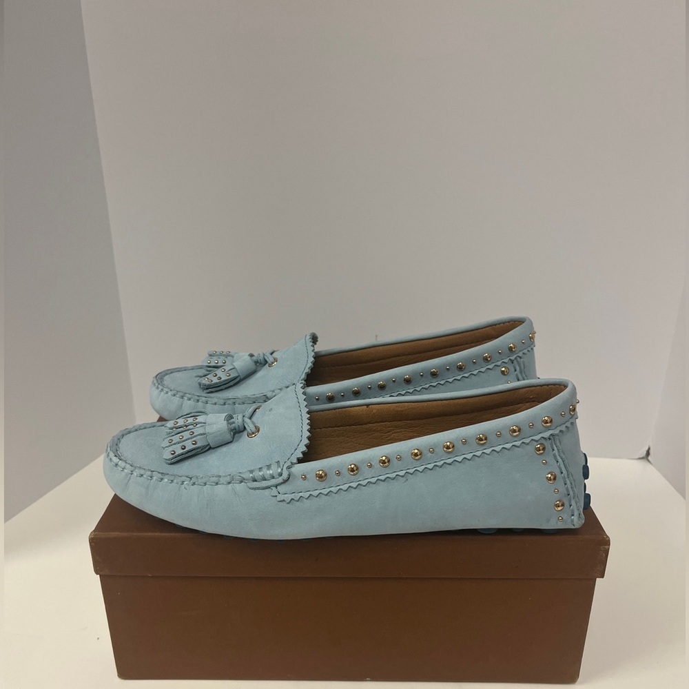 Coach Norfolk Nubuck Blue Mist 8M Loafers Leather Gold color Studded and Tassel